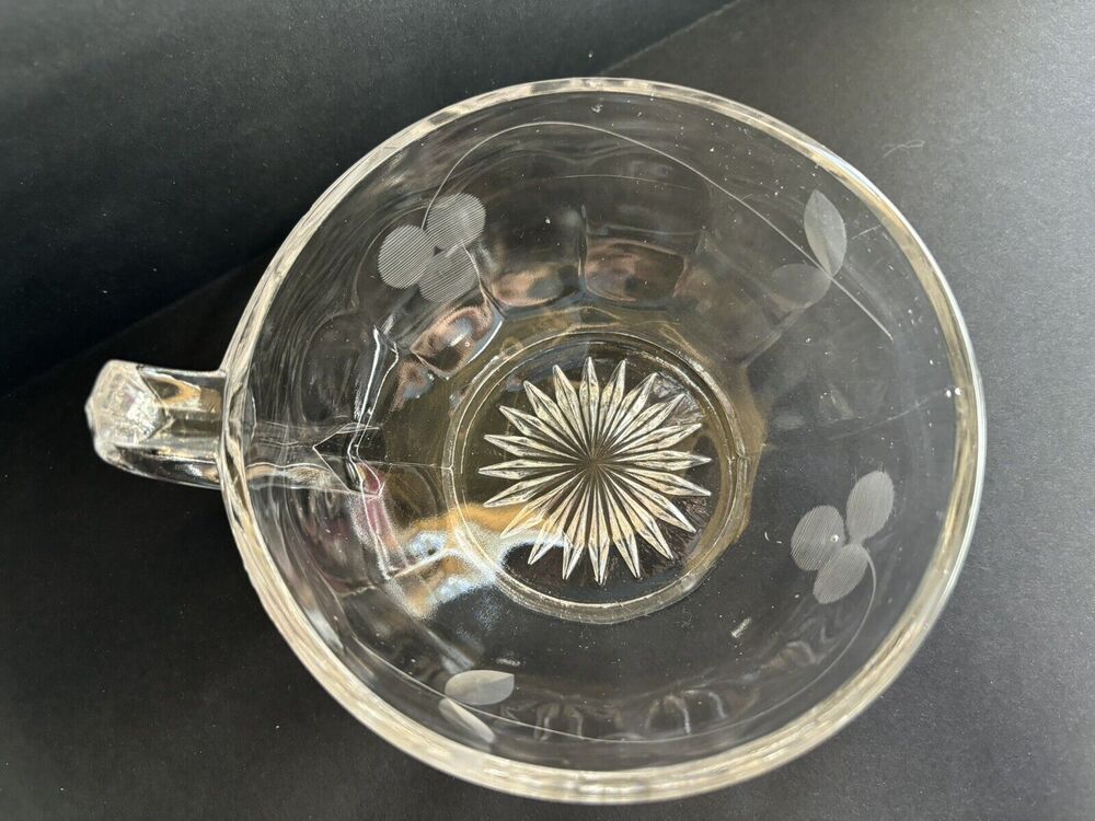 1930s Imperial Glass Clear Round Footed One Handle Nappy Bowl Clover Shamrock